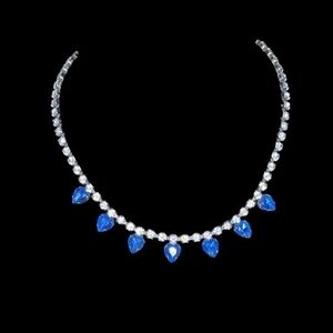 Mid-Century Blue and Ice Rhinestone Heart Choker Necklace
